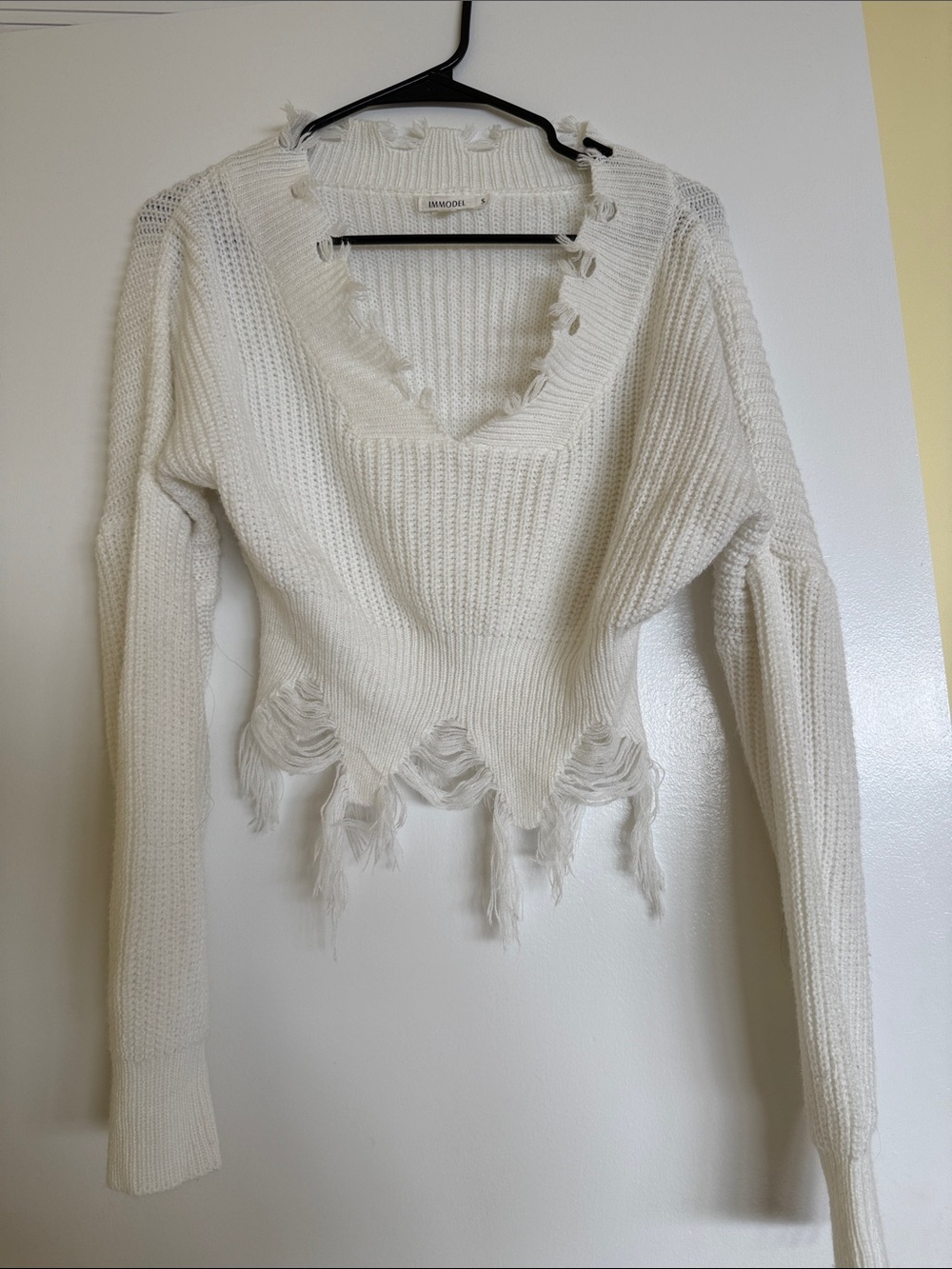 Bershka White Distressed V-Neck Sweater